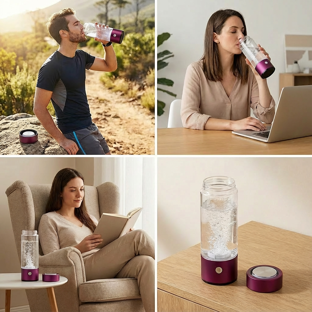 Collage of a man, woman, and woman using a purple and clear water bottle in various settings.