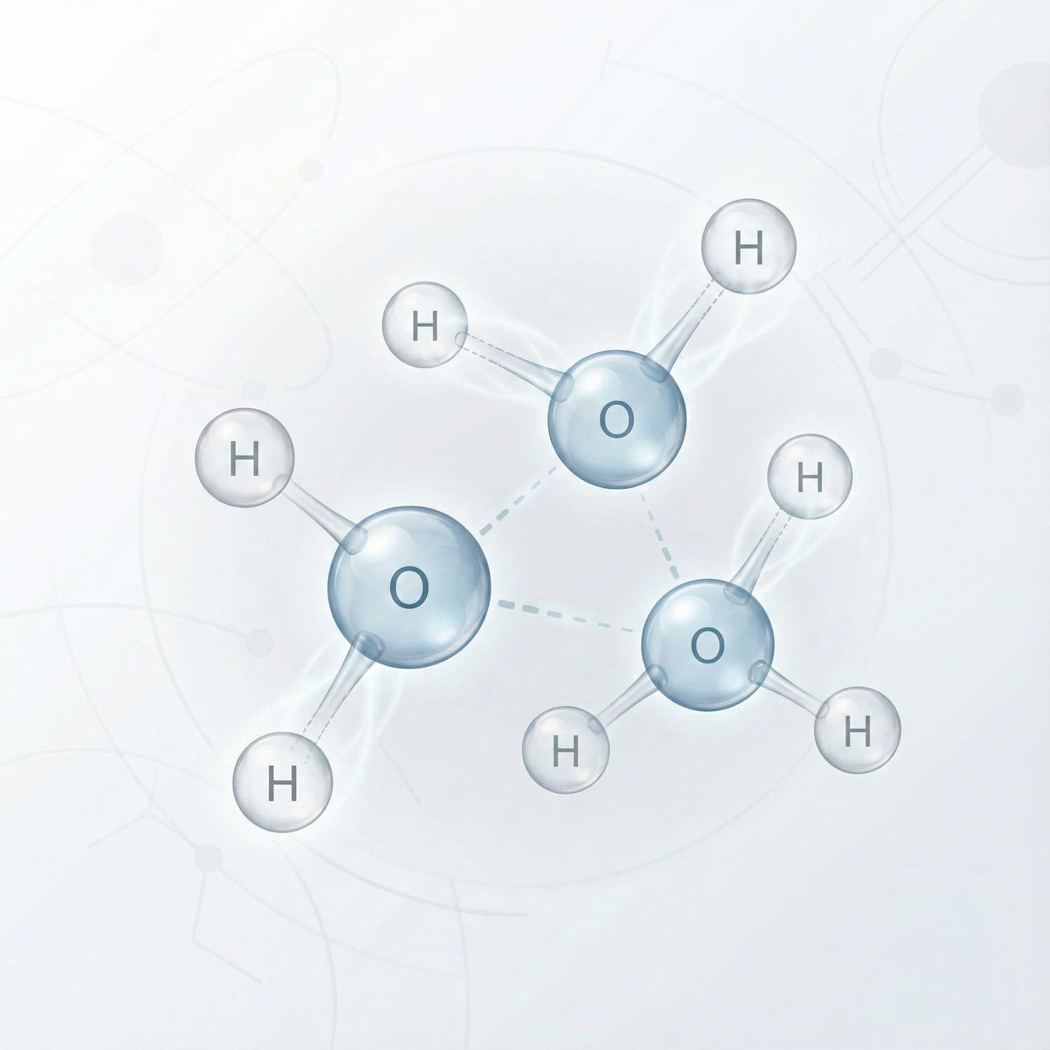 Molecular structure of water with hydrogen and oxygen atoms on a light gray background