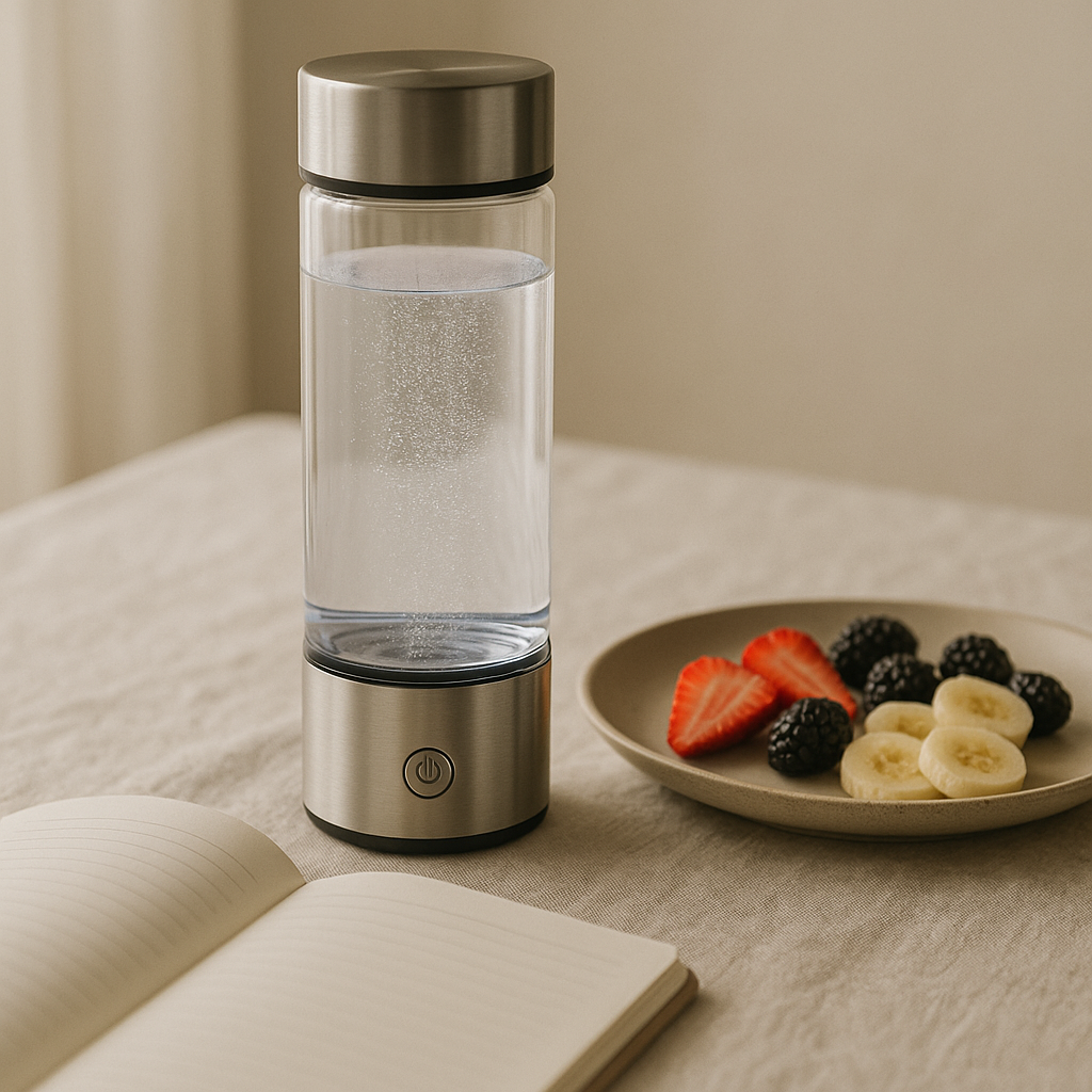 Clear water bottle with silver base and top on a table with fruits and an open book.