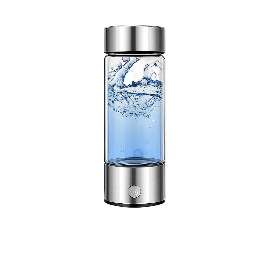 Silver and transparent water bottle with blue liquid on a light gray background
