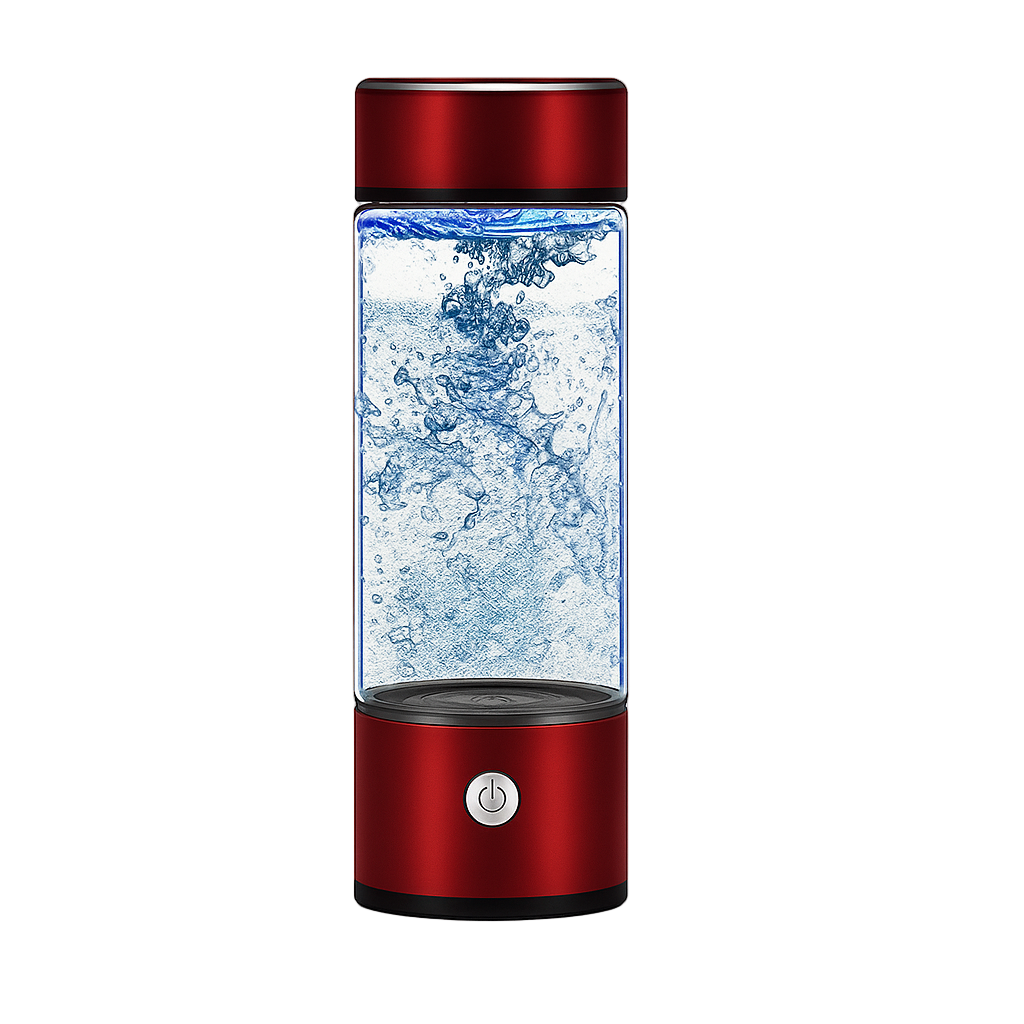 Red and clear glass water bottle with water inside on a white background