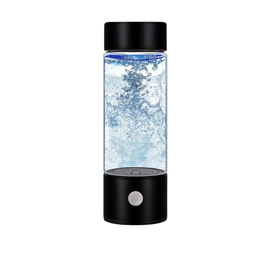 Black water bottle with blue liquid on a white background