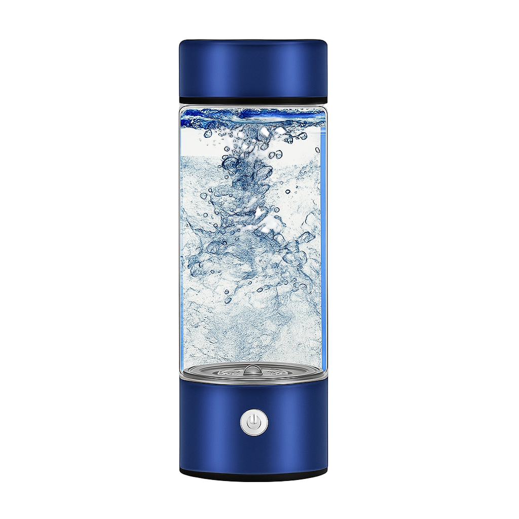 Blue water bottle with water inside on a light gray background