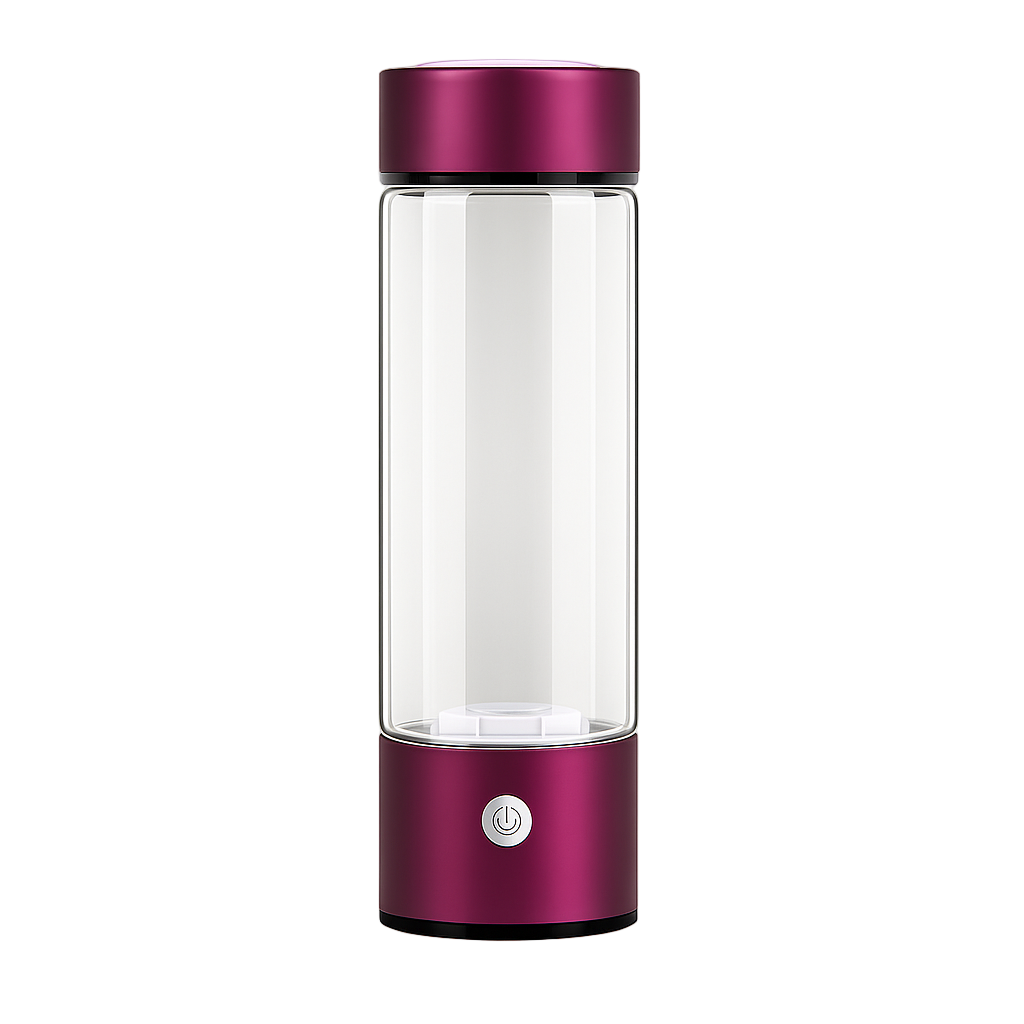 Clear glass bottle with a purple metal cap and base on a light gray background