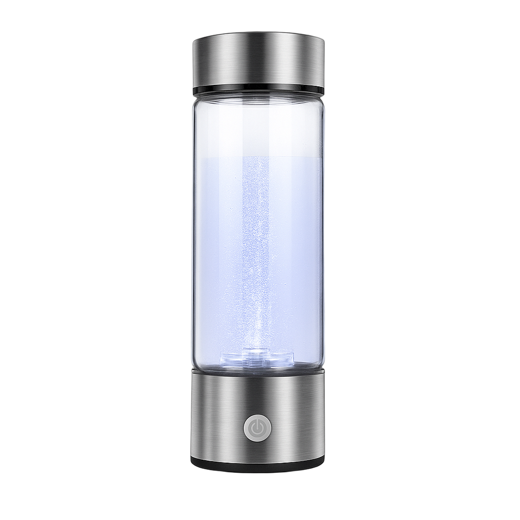 Stainless steel water bottle with glowing interior on a gray background