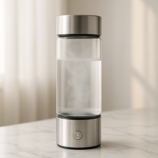 Clear glass bottle with silver base and lid on a light surface