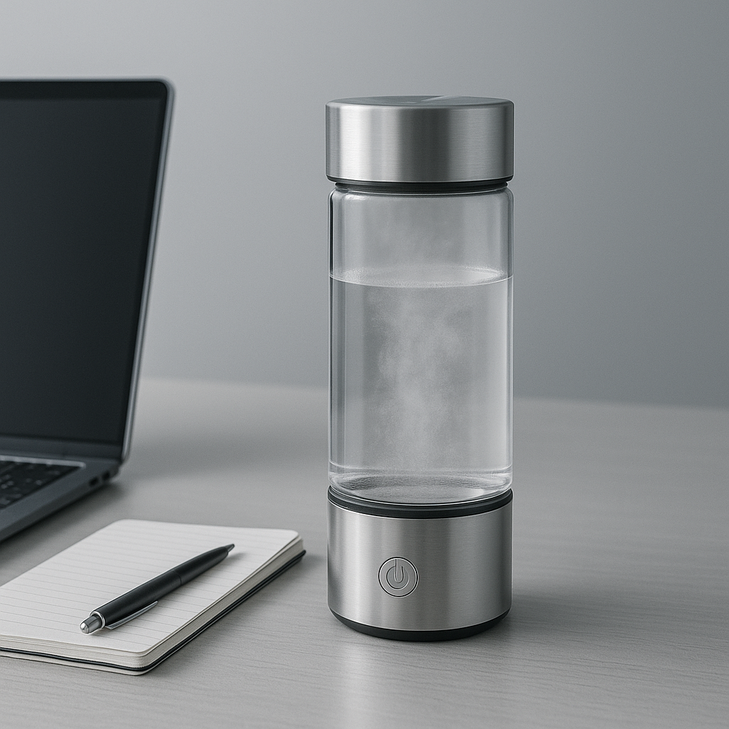Clear glass water bottle with metal cap on a desk next to a laptop and notebook.
