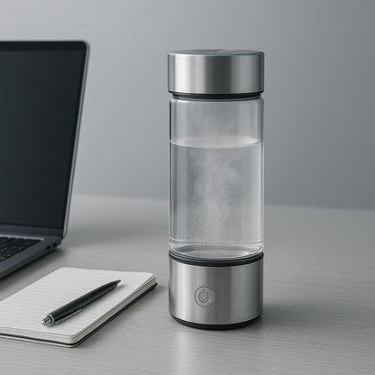 Clear glass water bottle with metal cap on a desk next to a laptop and notebook.