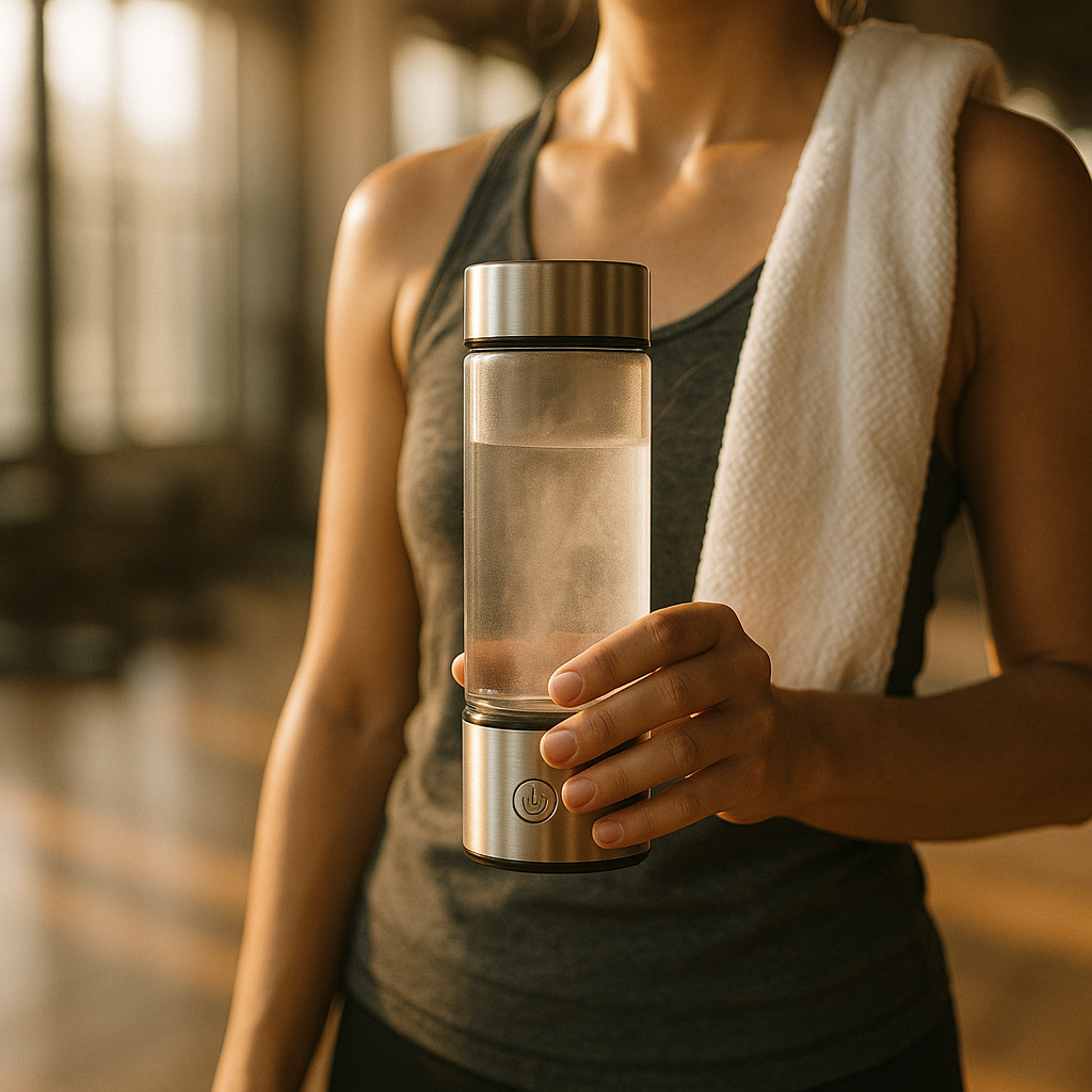 Person holding a clear water bottle with a blurred background