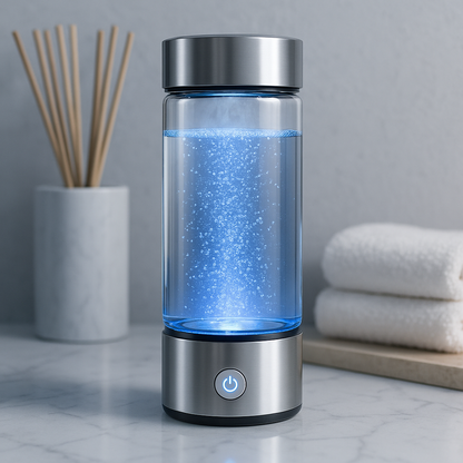 Clear glass container with blue light on a marble surface, with a vase and towels in the background.