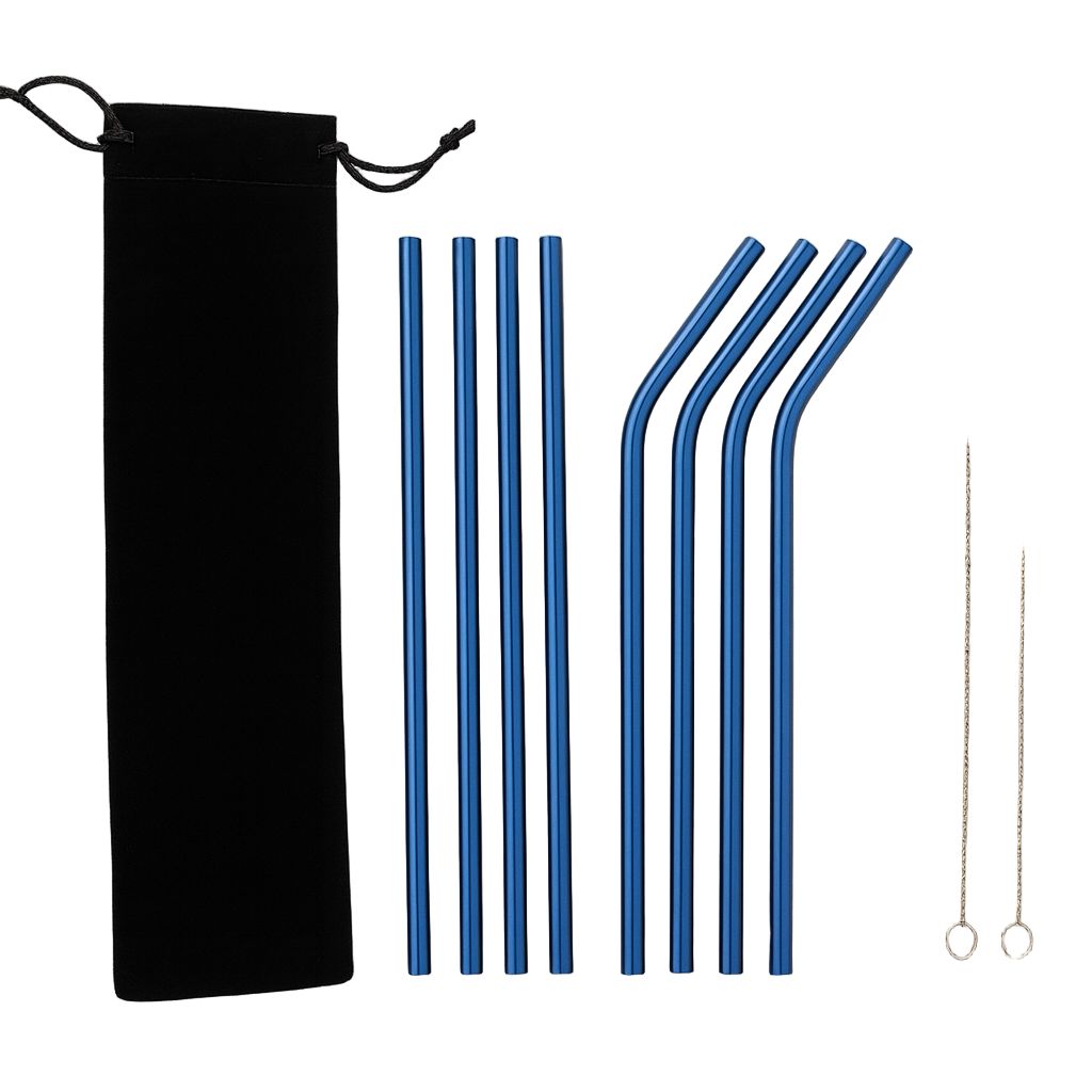 Set of blue stainless steel straws with a black carrying case and cleaning brush on a light gray background