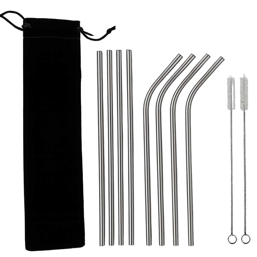 Set of stainless steel straws with cleaning brush and black pouch on a light gray background