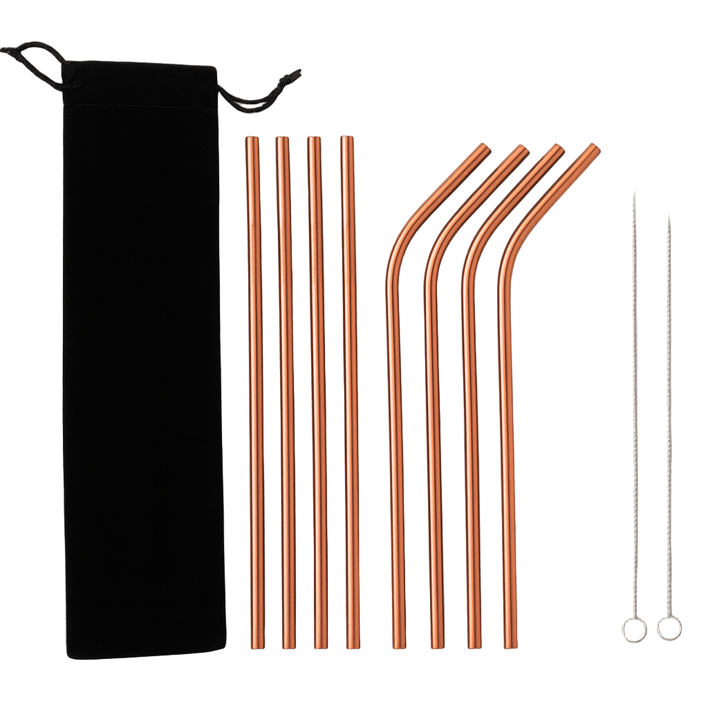Set of rose gold stainless steel straws with a black carrying case on a light gray background