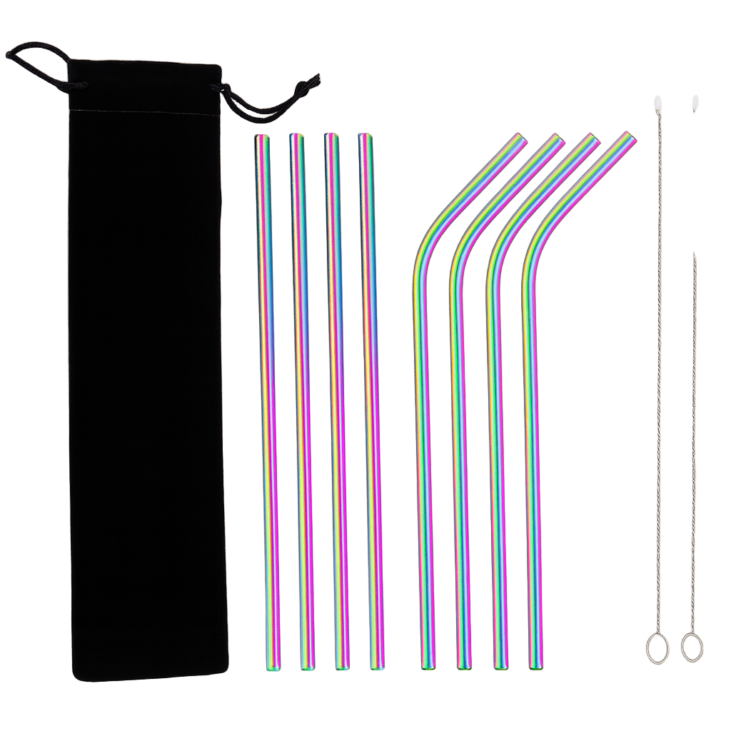 Set of colorful stainless steel straws with a black carrying case on a light gray background