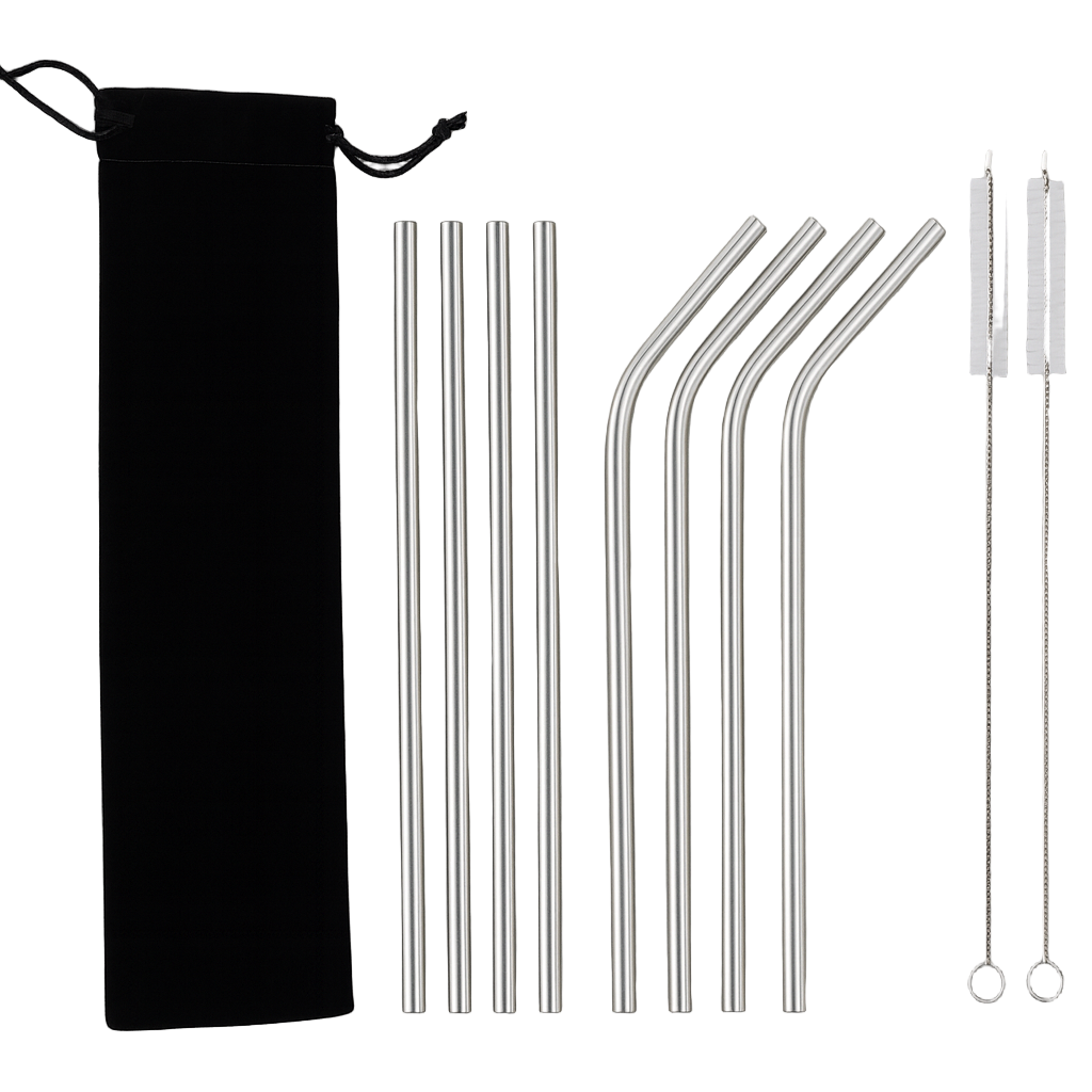 Set of stainless steel straws with cleaning brush and black pouch on a light gray background