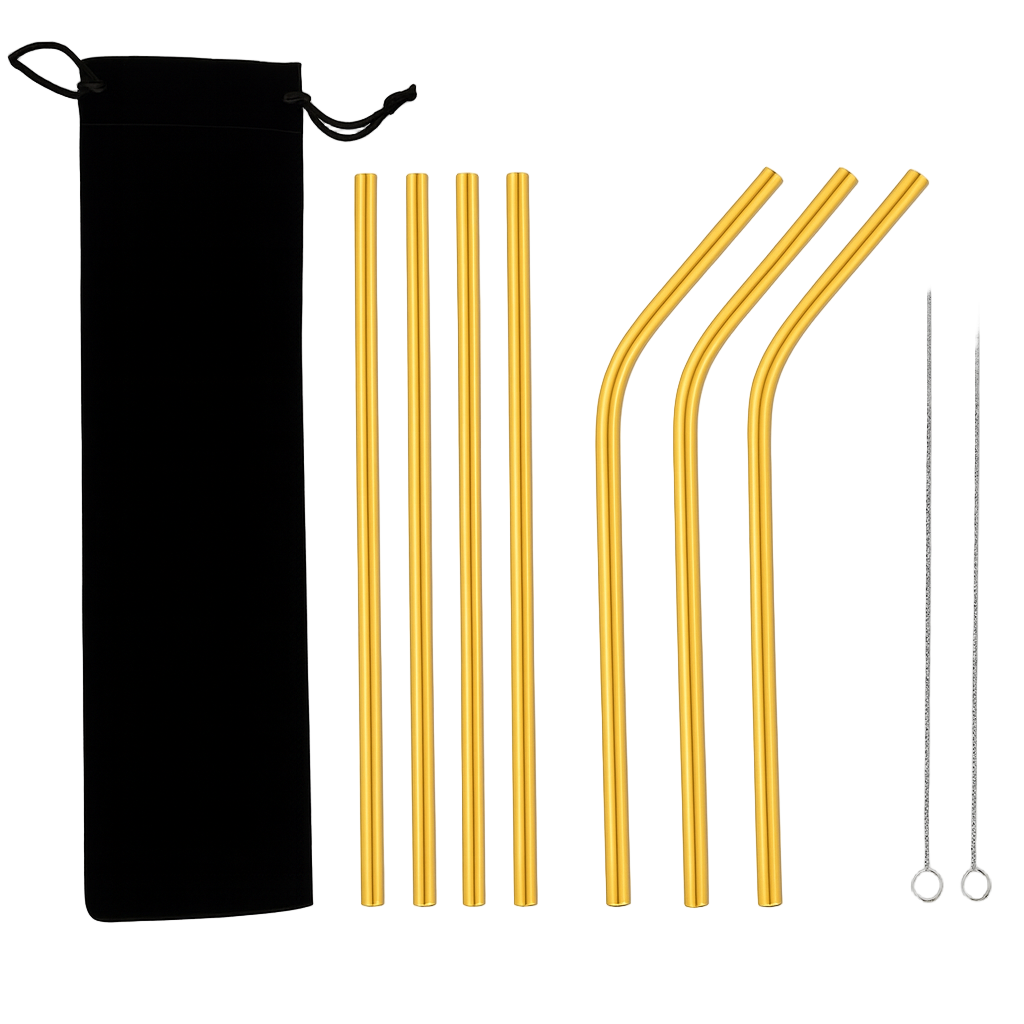 Set of gold stainless steel straws with a black carrying case on a white background