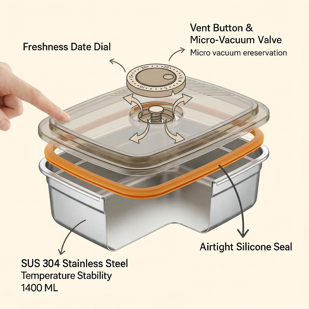 Stainless steel food storage container with labeled features on a beige background