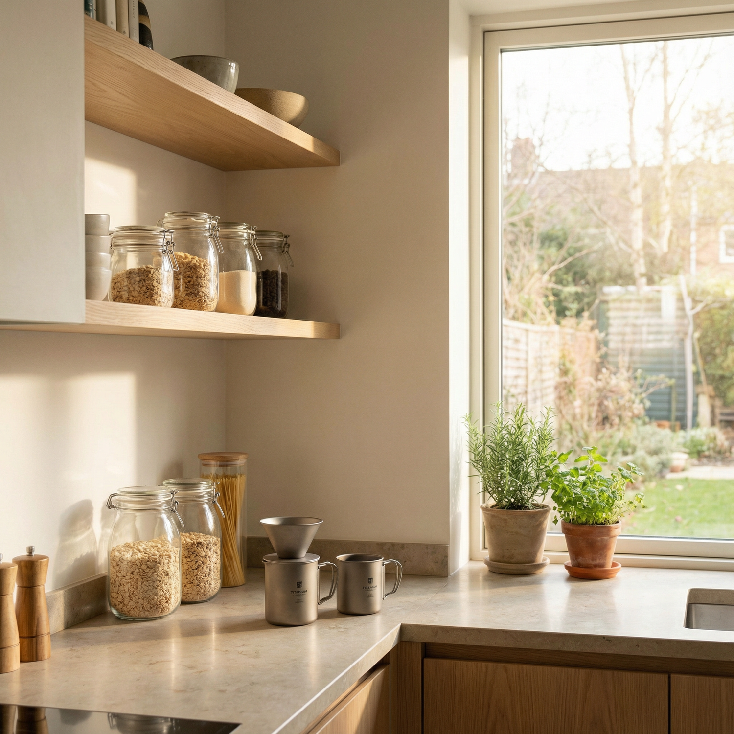 Kitchen counter with jars, a coffee maker, and plants near a window.