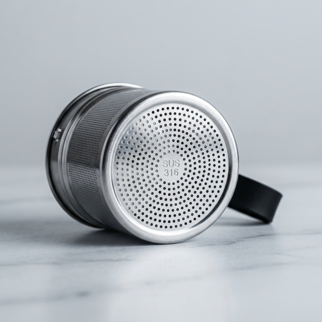 Metal strainer with perforated design on a gray background