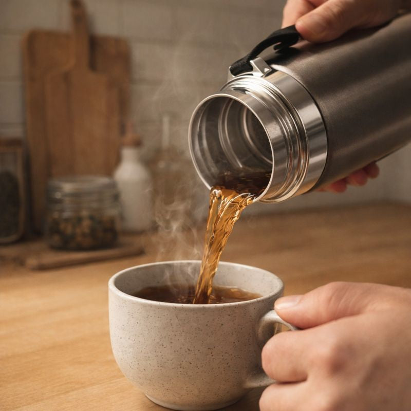 Person pouring steaming hot coffee from a thermos into a mug on a wooden table.