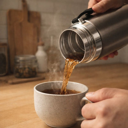 Person pouring steaming hot coffee from a thermos into a mug on a wooden table.