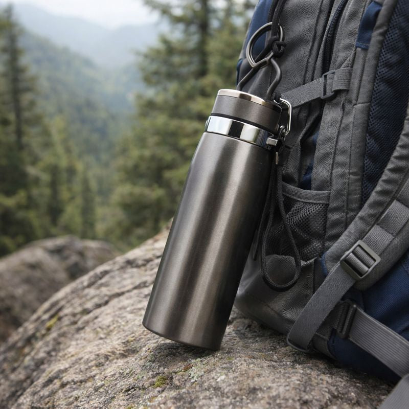 Metal travel mug attached to a backpack on a rocky surface with a forest background