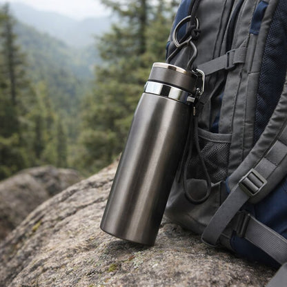 Metal travel mug attached to a backpack on a rocky surface with a forest background
