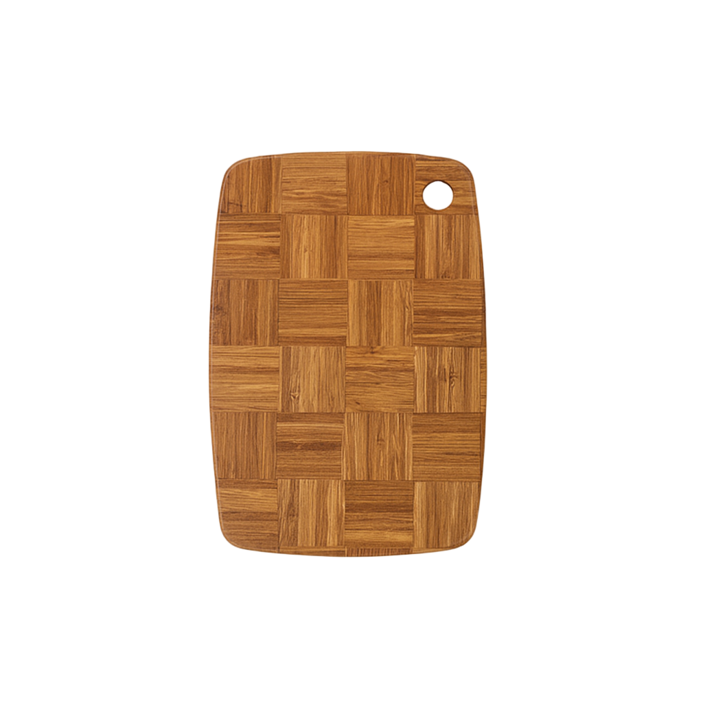 Bamboo cutting board with a checkered pattern on a white background