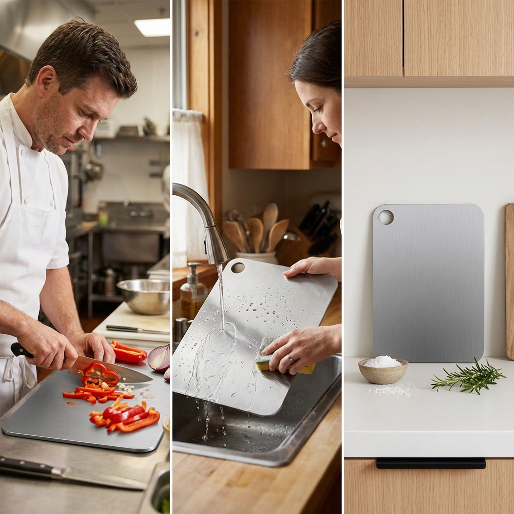 Collage of a person cutting vegetables, washing a cutting board, and using a cutting board with a kitchen background.
