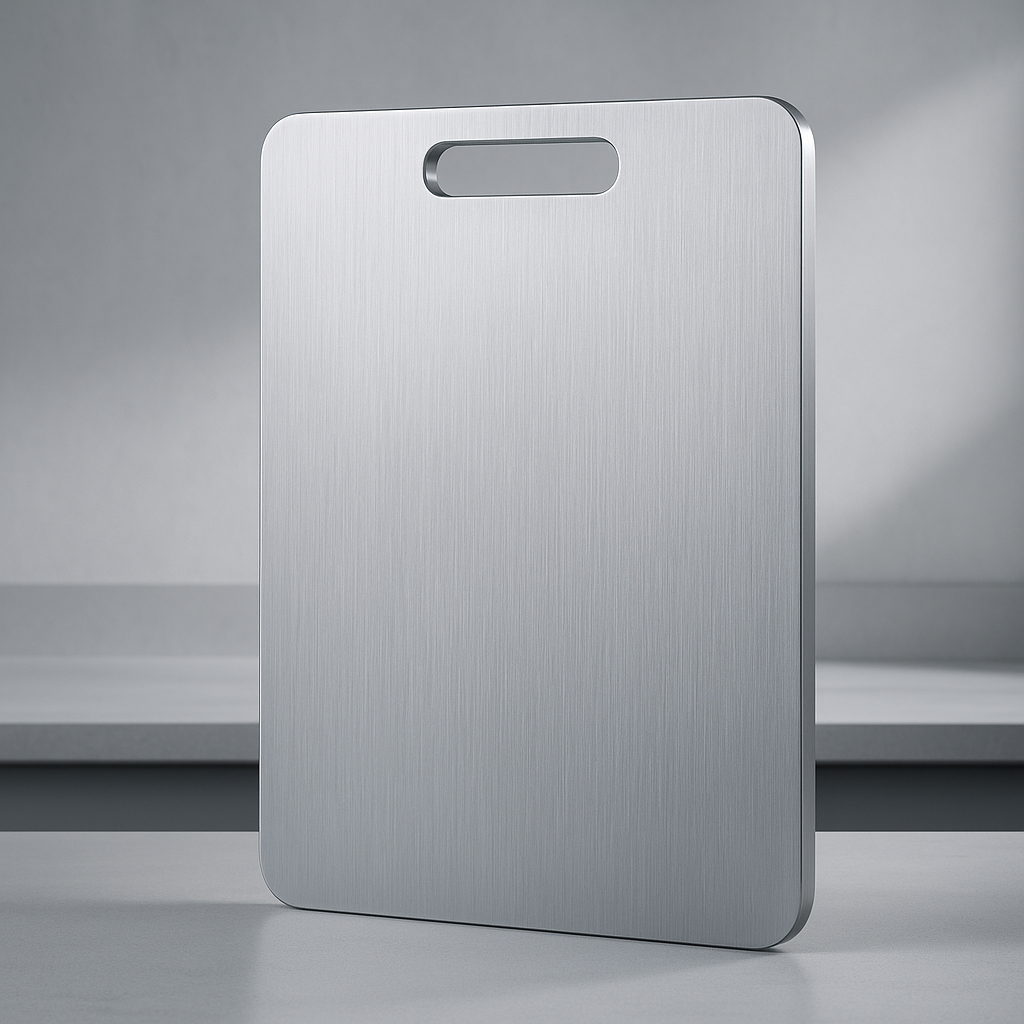 Titanium cutting board with a handle on a gray background
