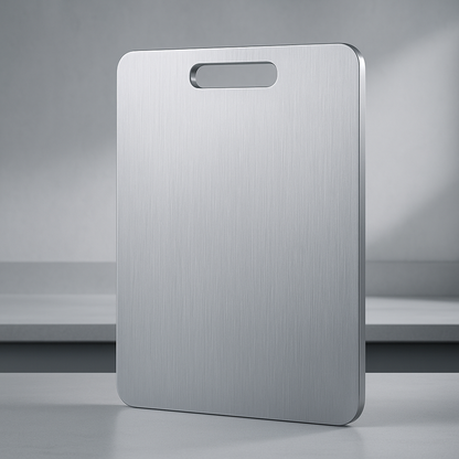 Titanium cutting board with a handle on a gray background