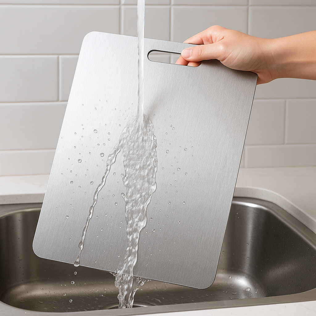Person washing a cutting board under running water in a kitchen sink.