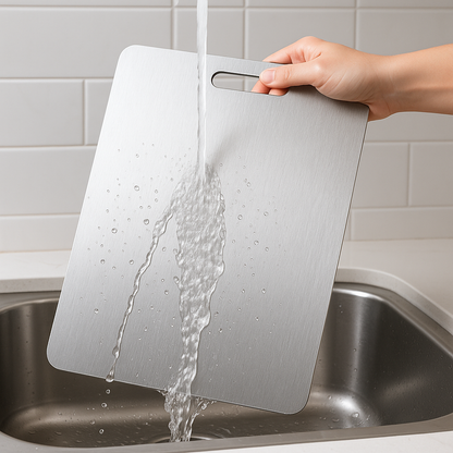 Person washing a cutting board under running water in a kitchen sink.