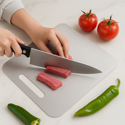 Person cutting meat on a cutting board with tomatoes and green peppers on a light surface
