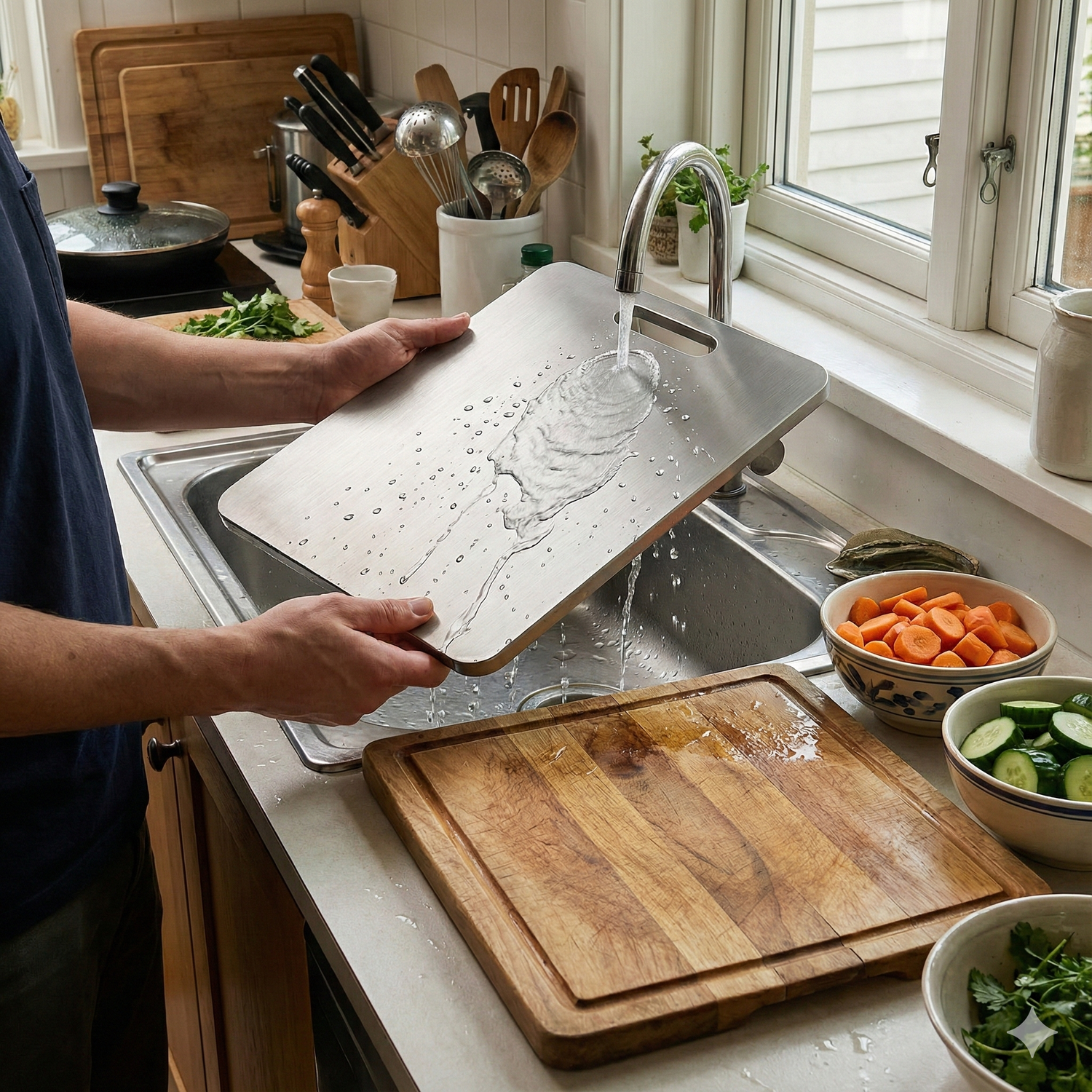 Person washing a cutting board over a sink with a kitchen counter in the background