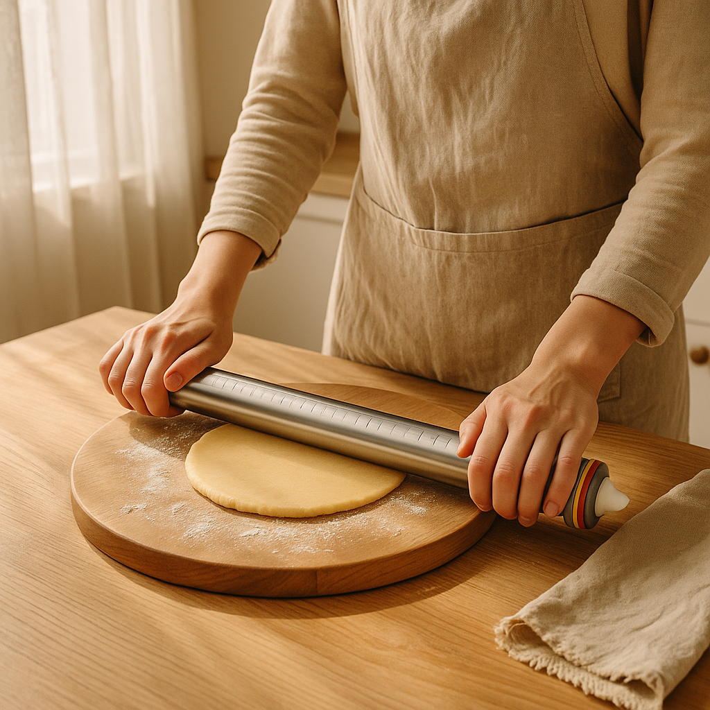 Person rolling out dough on a wooden board with a rolling pin in a kitchen setting.