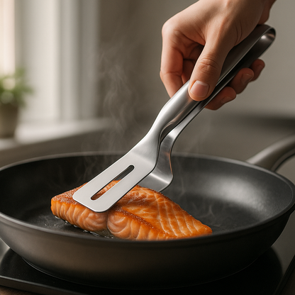 Person using a spatula to flip salmon in a frying pan.
