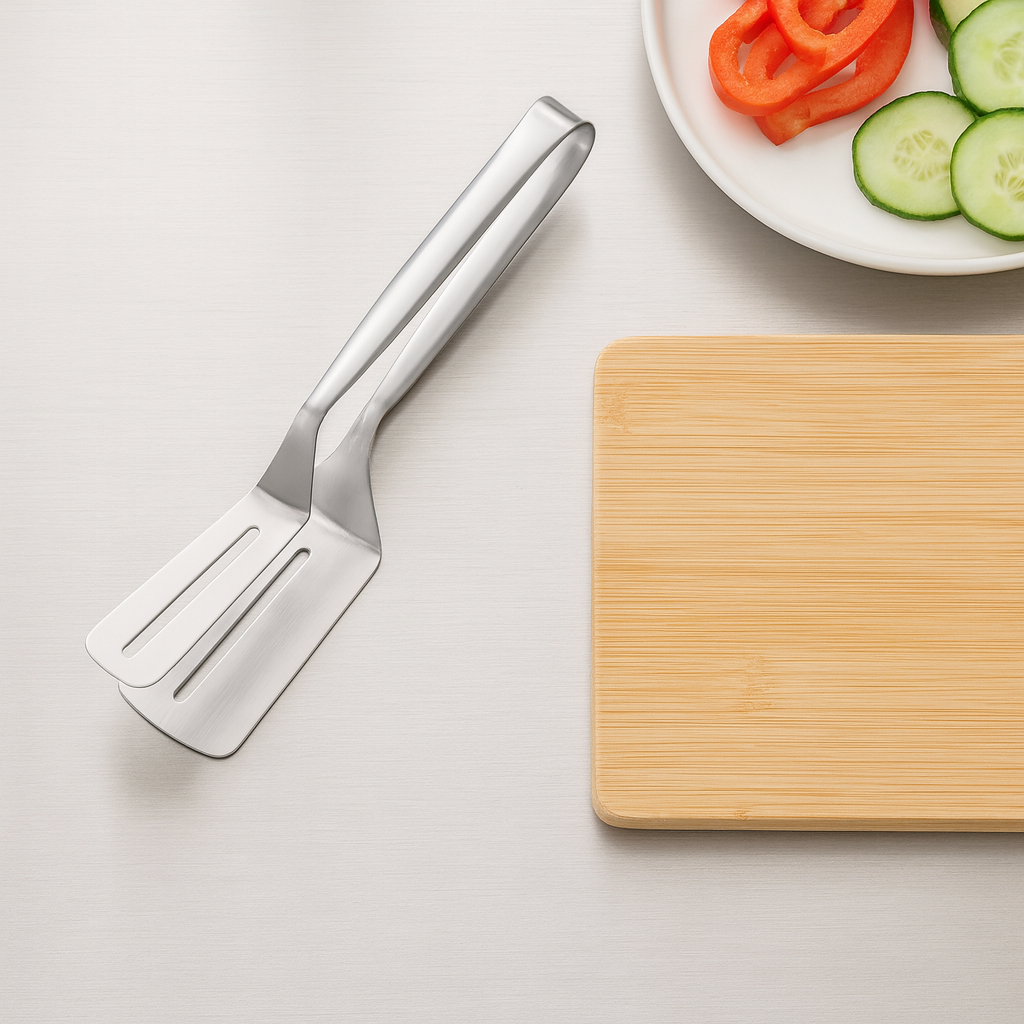 Spatula next to a wooden cutting board with sliced vegetables on a light surface
