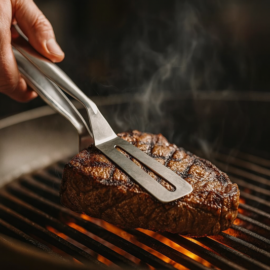 Steak being flipped on a grill with tongs, smoke rising