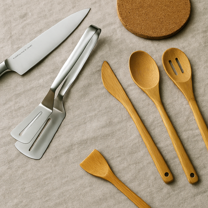 Set of kitchen utensils including a knife, spatula, and wooden spoons on a beige surface.