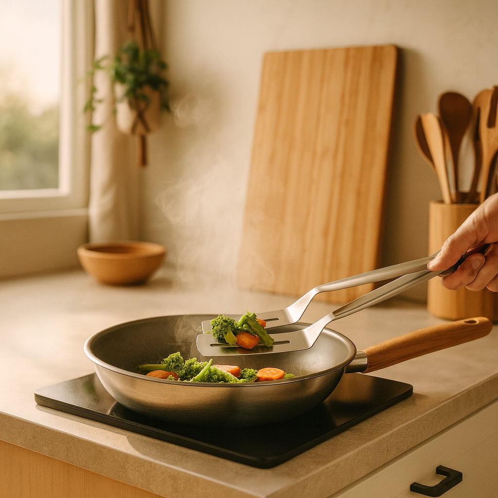 Person cooking vegetables in a wok on a stove with a wooden cutting board and utensils in the background.