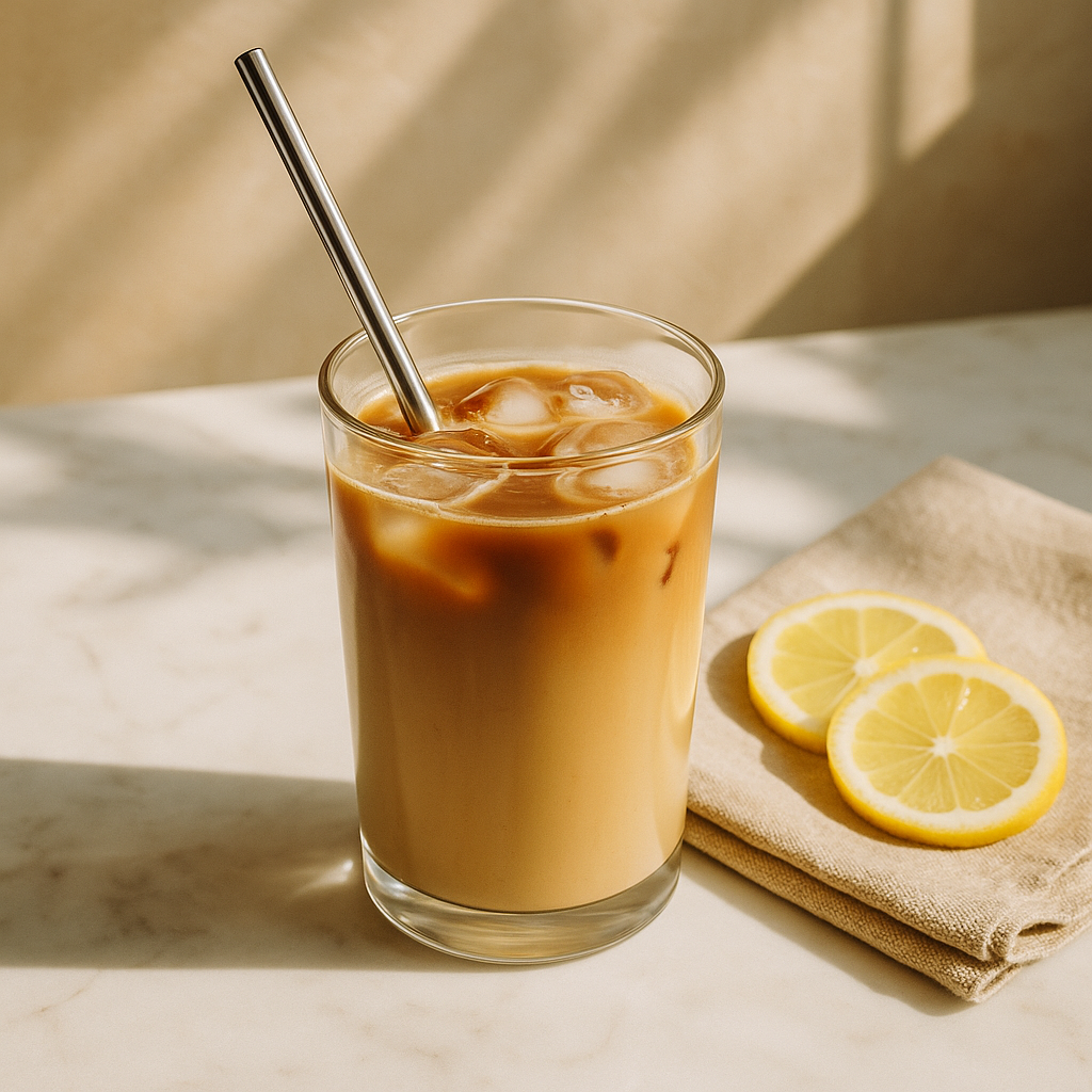 Glass of iced coffee with a straw on a light surface with lemon slices.