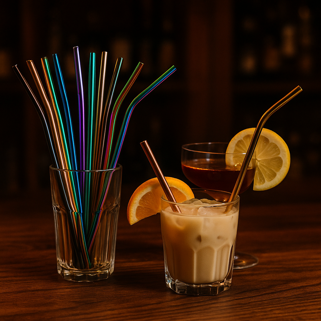 Colorful straws in a glass with a cocktail and lemon slice on a wooden surface.