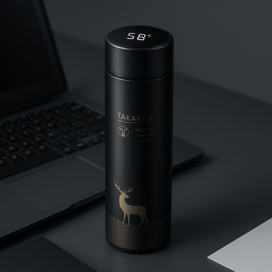 Black thermos bottle with digital temperature display on a dark surface with a laptop.