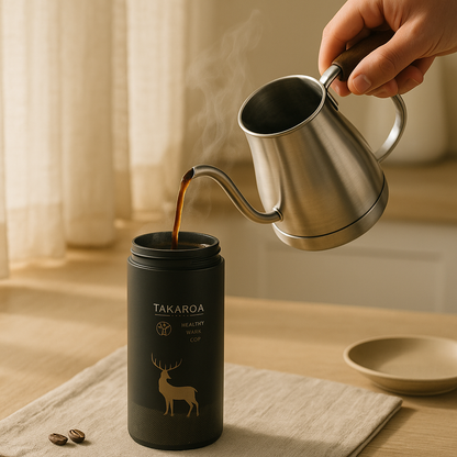 Hand pouring coffee from a stainless steel kettle into a black Takaroa coffee container on a wooden table.