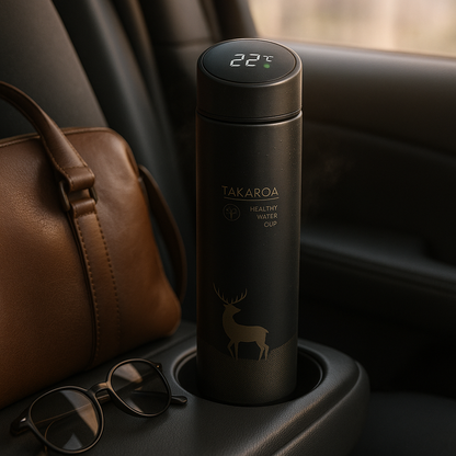 Black thermos with digital temperature display on a car cup holder, next to sunglasses and a brown bag.