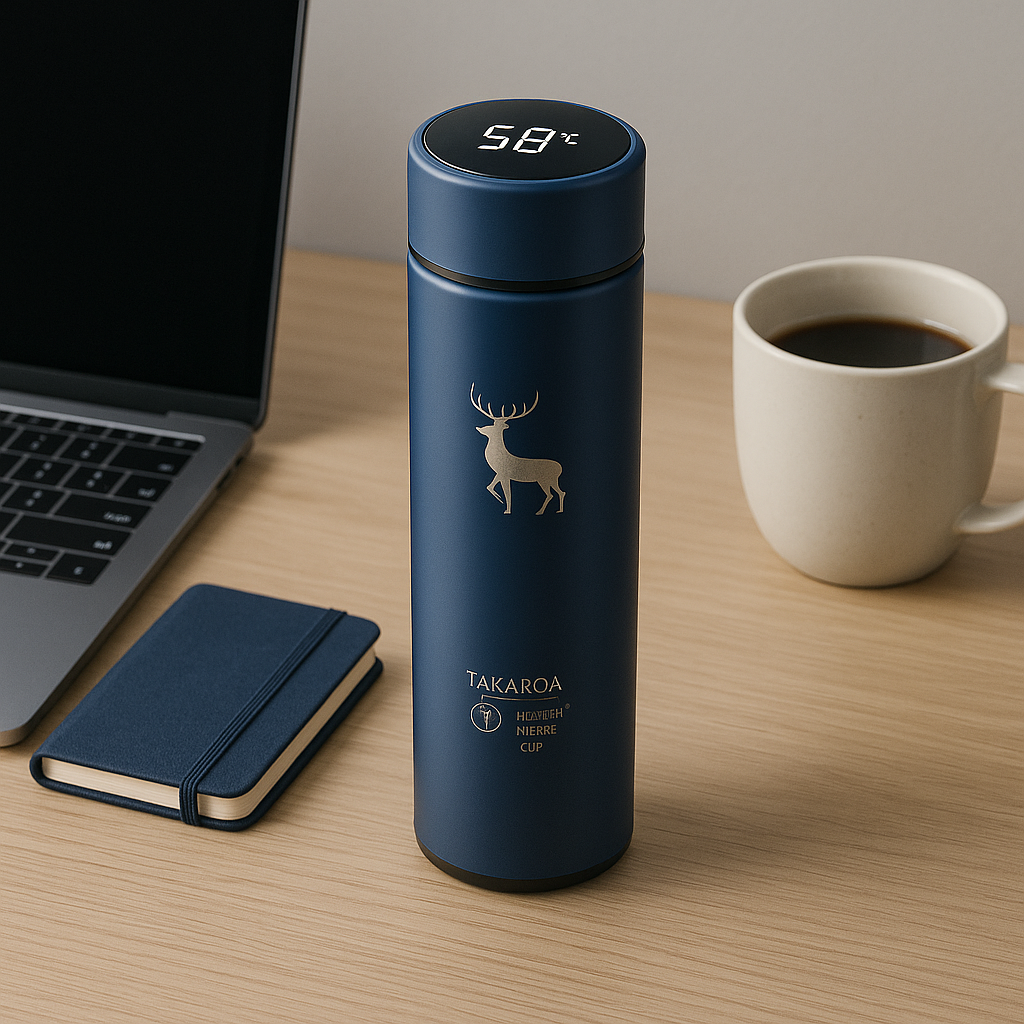 Blue thermos bottle with digital display on a wooden table with a laptop and mug.