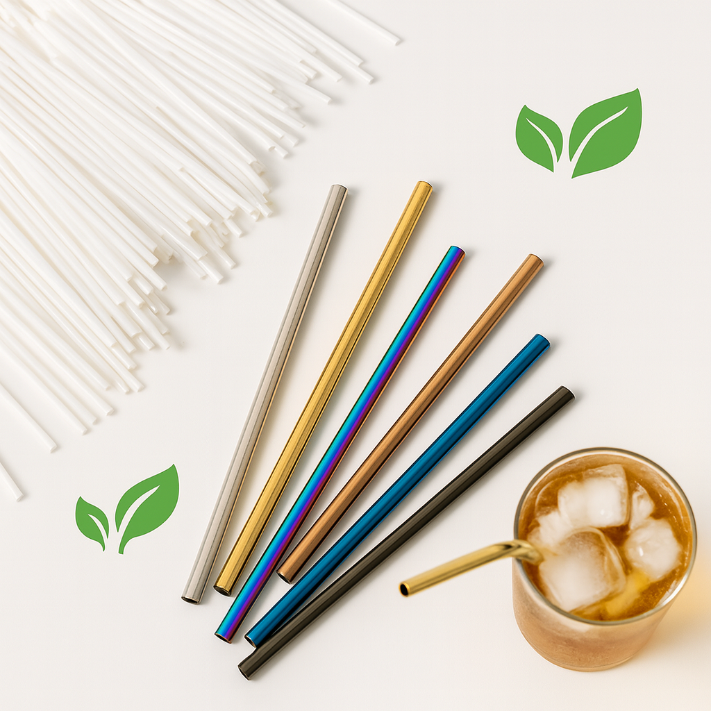 Set of stainless steel straws in various colors with a glass of iced drink on a light background.