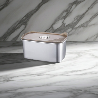 Silver container with a brown lid on a marble surface