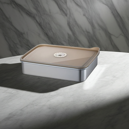 Rectangular metal object with a beige top on a marble surface